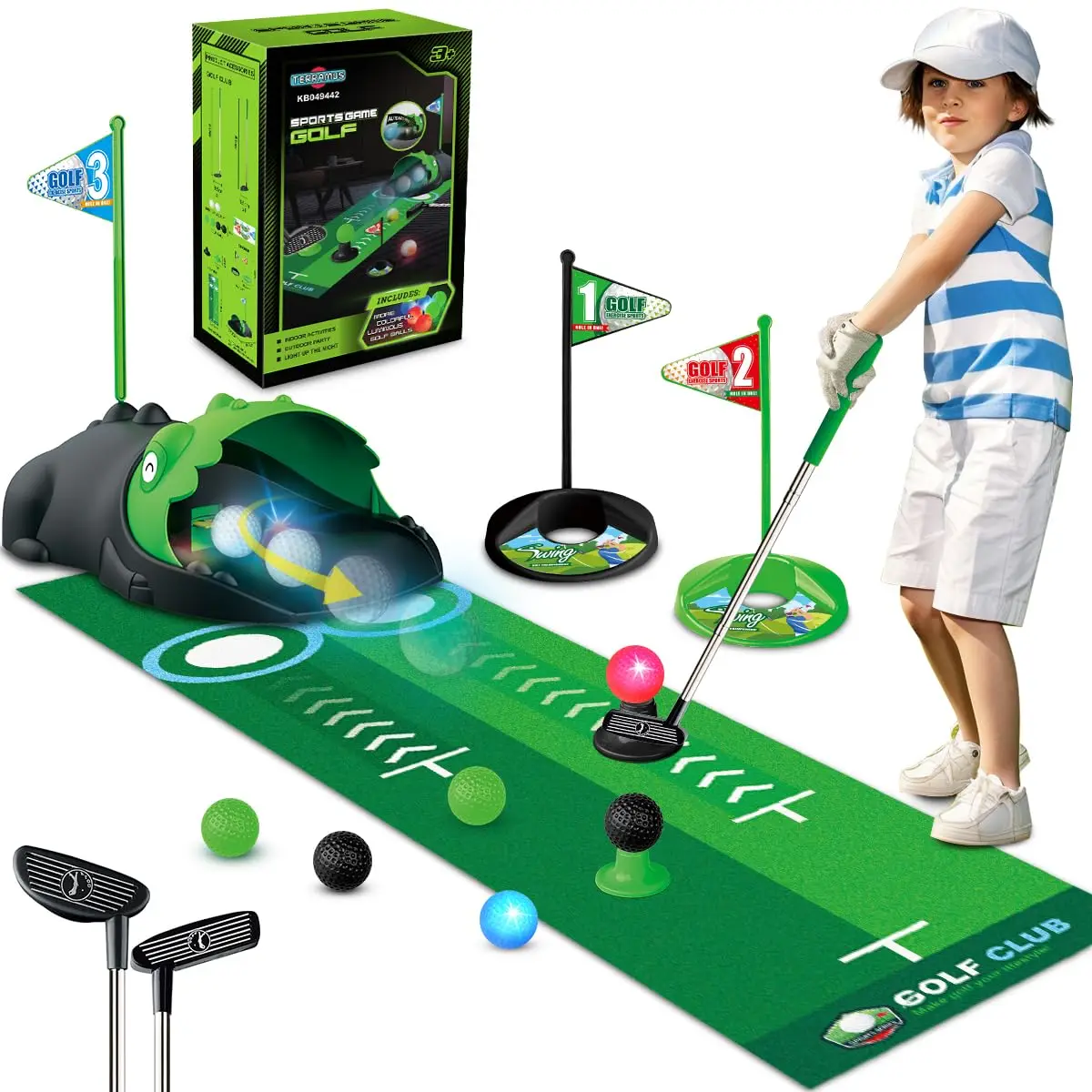 Kids Toy Golf Club Set with  LED Automatic Ball Returner, Golf Putting Mat Toddler Mini Golf Game Sports Gift for 3+  Boys Girls Kids Toy Golf Club Set with  LED Automatic Ball Returner, Golf Putting Mat Toddler Mini Golf Game Sports Gift for 3+  Boys Girls