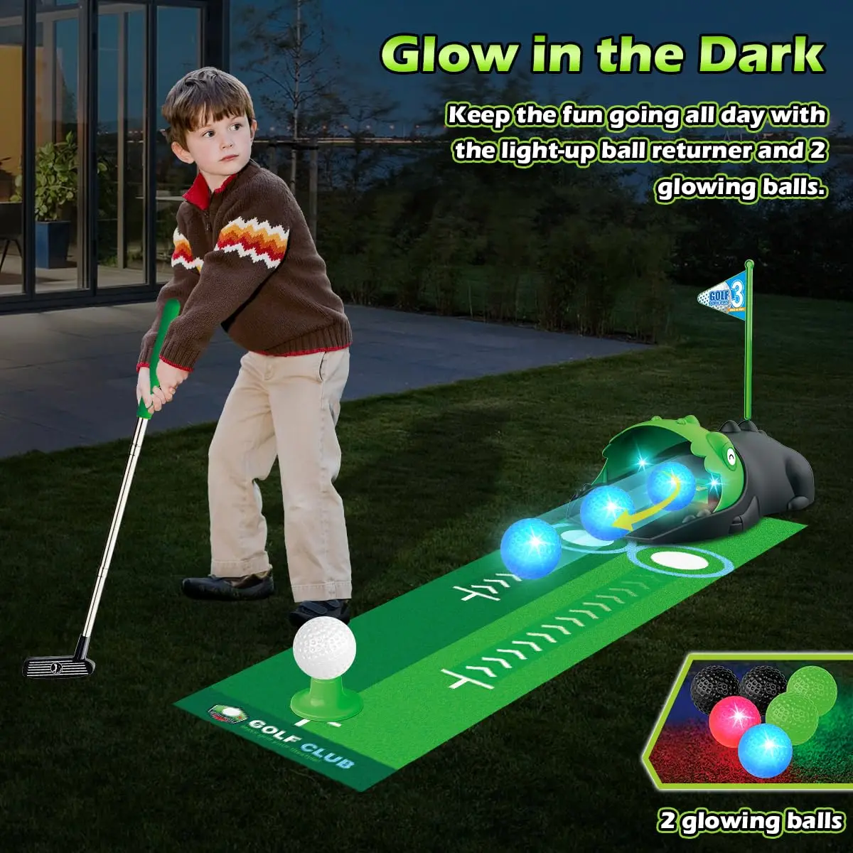 Kids Toy Golf Club Set with  LED Automatic Ball Returner, Golf Putting Mat Toddler Mini Golf Game Sports Gift for 3+  Boys Girls Kids Toy Golf Club Set with  LED Automatic Ball Returner, Golf Putting Mat Toddler Mini Golf Game Sports Gift for 3+  Boys Girls
